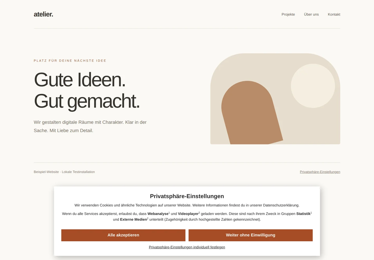 Crumble-Banner auf einer lokalen WordPress-Beispielwebsite mit gleich gestalteten Buttons für beide Entscheidungen.