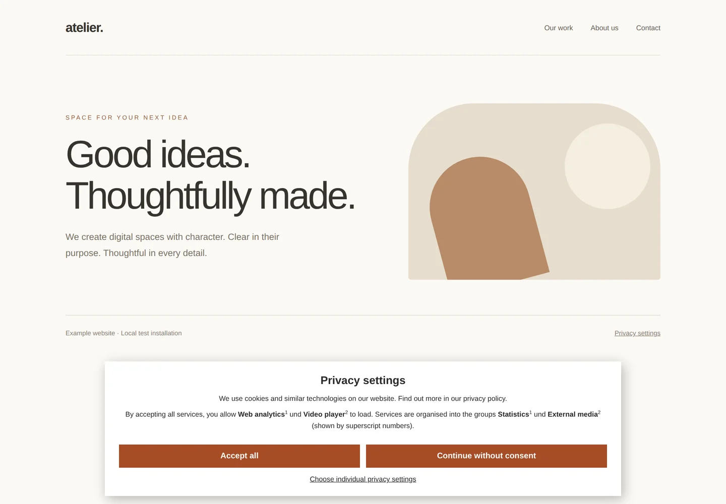 The Crumble banner on a local WordPress example website, with equally styled buttons for both choices.